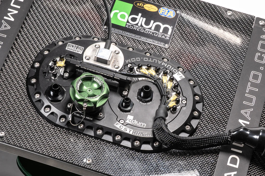 Radium Engineering FCST-X fuel cell surge tank installed in a carbon-fibre fuel cell