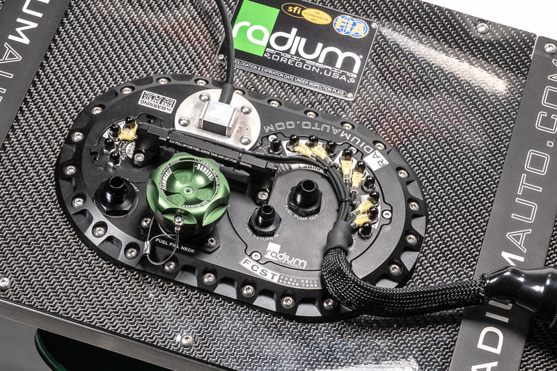 Radium Engineering FCST-X fuel cell surge tank installed in a carbon-fibre fuel cell